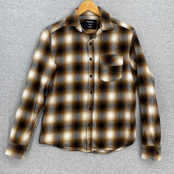 Rue 21 Shirt Mens Small Brown Cream Grey Plaid Long Sleeve Collar Pocket - Picture 1 of 9